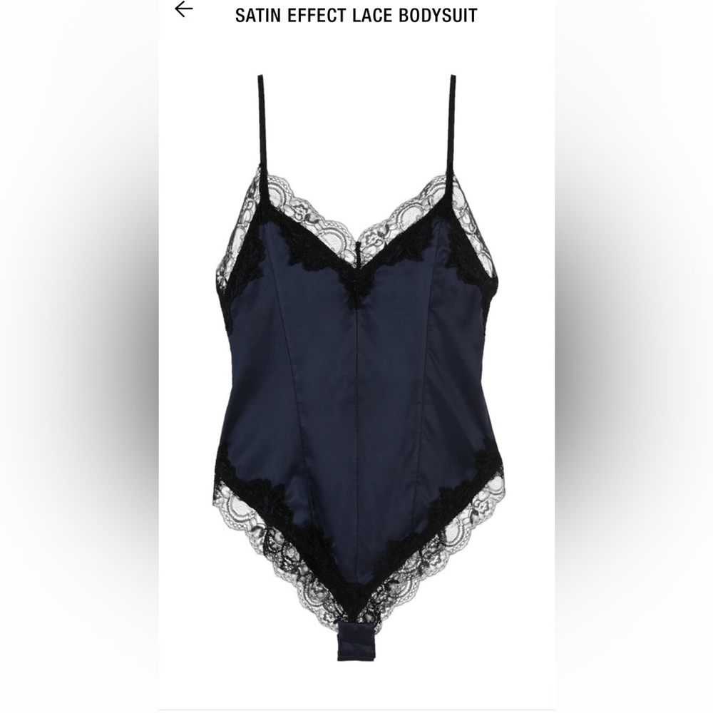 Zara satin effect lace bodysuit, NWT size S in navy with black lace